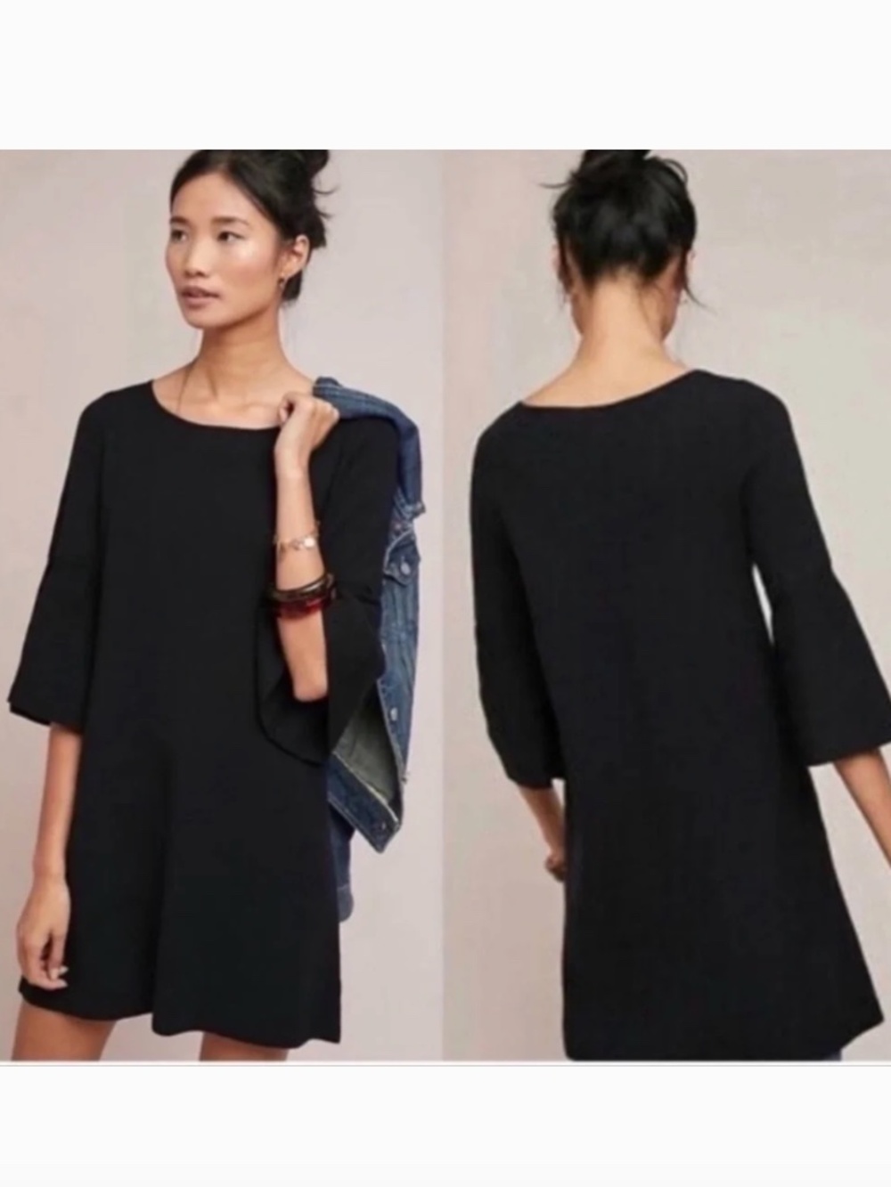 Moth Anthropologie Black Bell Sleeve Knit Mini Dress Mod XS